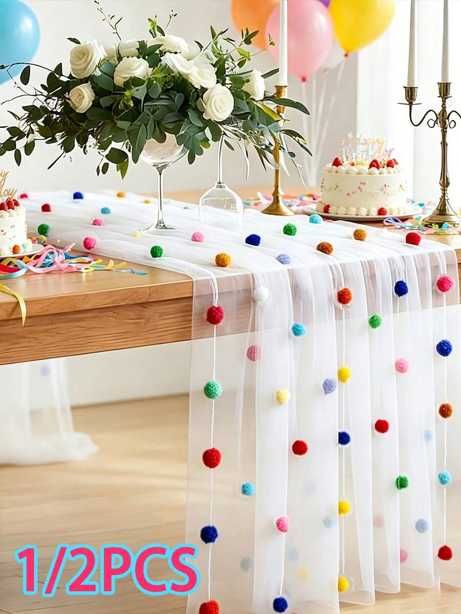 1/2pcs Cute Party Tablecloth With 3D Velvet Pom Poms, Colorful Polka Dot Sequin Tulle Table Runner, Macaron Color Mesh Gauze Rainbow Restaurant Decor, Suitable For Birthday Wedding Home Party - Multicolor - View 1