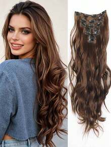 18-30 Inch Long Wavy Clip-In Hair Extensions, 7pcs/Set, Thick Hair Pieces, Invisible Clips Design, Soft Synthetic Fiber, Black, For Women - Rust Brown - View 4