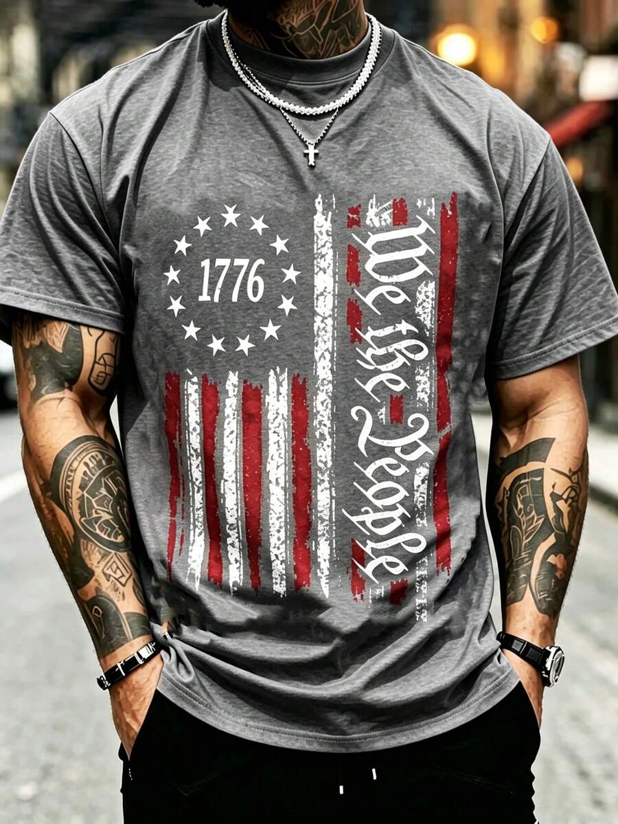 1pc Men'S Cotton Crew Neck-Shirt With Stars And Stripes We People Print, Casual All-Season Short Sleeve Tee With Slight Stretch,Regular Fit For Men Wo - 灰色 - 查看 1