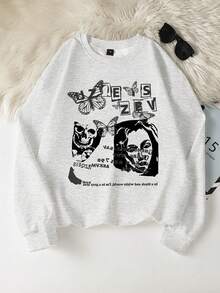 American Vintage Portrait Letter Print Lazy Crew Neck Sweatshirt For Women, Autumn/Winter Casual Versatile Unique Top - Gray - View 5