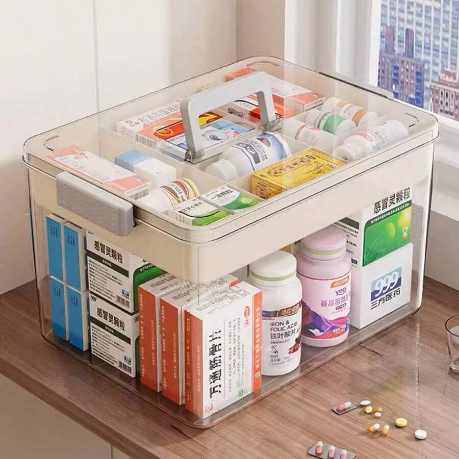 Transparent Double-Layer Medicine Storage Box With Snap Closure, Durable Plastic Material, Dust-Proof Multi-Function Storage Box For Home First Aid - Multicolor - View 1