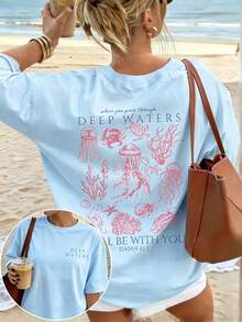 Cute Marine Life Print Women's Loose T-Shirt, Round Neck Short Sleeve Summer Top, Vintage Street Style Washed Cotton Graphic Tee For Vacation Daily - 藍色 - 查看 15