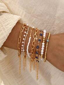 9pcs Fashion Minimalist Elegant Faux Pearl Rhinestone Heart Evil Eye Bracelet Set, Suitable For Women Daily Wear, Date Party Ball Birthday Holiday Gift, Fashionable Versatile - Yellow Gold - View 3