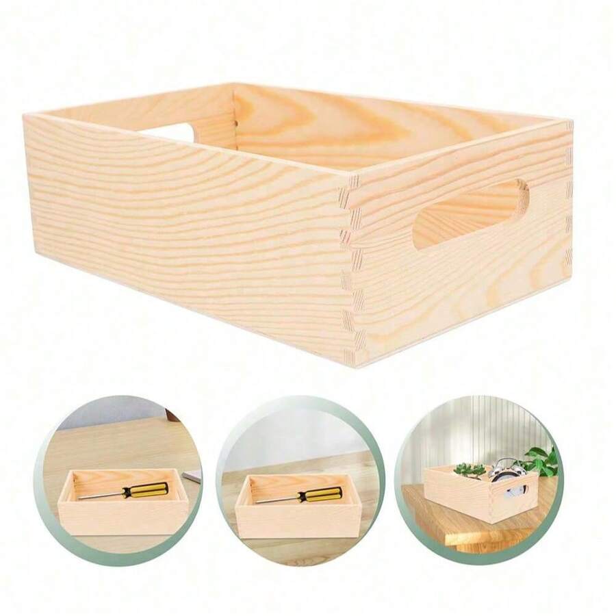 1PC Unfinished Pine Wood Box For DIY Crafts Arts Hobbies And Home Storage Solid Wood Storage Box Small Desktop Organizer With Side Handles Multi-Purpose Wooden Box Basket Suitable For Home Office Clutter Storage - Multicolor - View 1