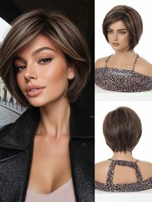 8 Inch Women's Short Bob Wig, Natural-Looking Synthetic Fiber, Black/Brown Straight Bob Hair, Fashionable Daily Wear Short Hairstyle, Halloween - Multicolor - View 2