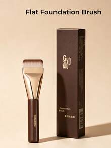 GUOXIAONIU فرشاة أساس مسطحة K-Beauty بمقبض خشبي قصير وشعيرات ناعمة وكثيفة، ناعمة بدون تكتل للمبتدئين - بني - مشاهدة 2