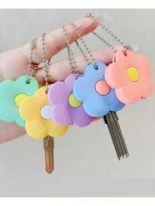 5/1pc Cute Flower Key Cover, Contrast Color Design, Cute Floral Cartoon Silicone Key Cover, Decorative Key Identification Protection Cover, Women's Keychain Accessory, Small Gift For Sisters, Lovers, Friends, Perfect Gift For Her - View 3