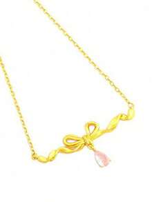 Shescity 1pc Pink Diamond Princess Silk Ribbon Bow Necklace, Luxury Fashion Girly Style, Rhinestone Inlaid Brushed Bow Pendant For Women - Gold - View 6