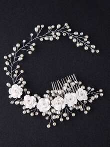 1/2pcs Silver Rhinestone Tiara & White Flower Pearl Hair Comb Set, Bridal Wedding Prom Birthday Party Princess Hair Accessories - Multicolor - View 10