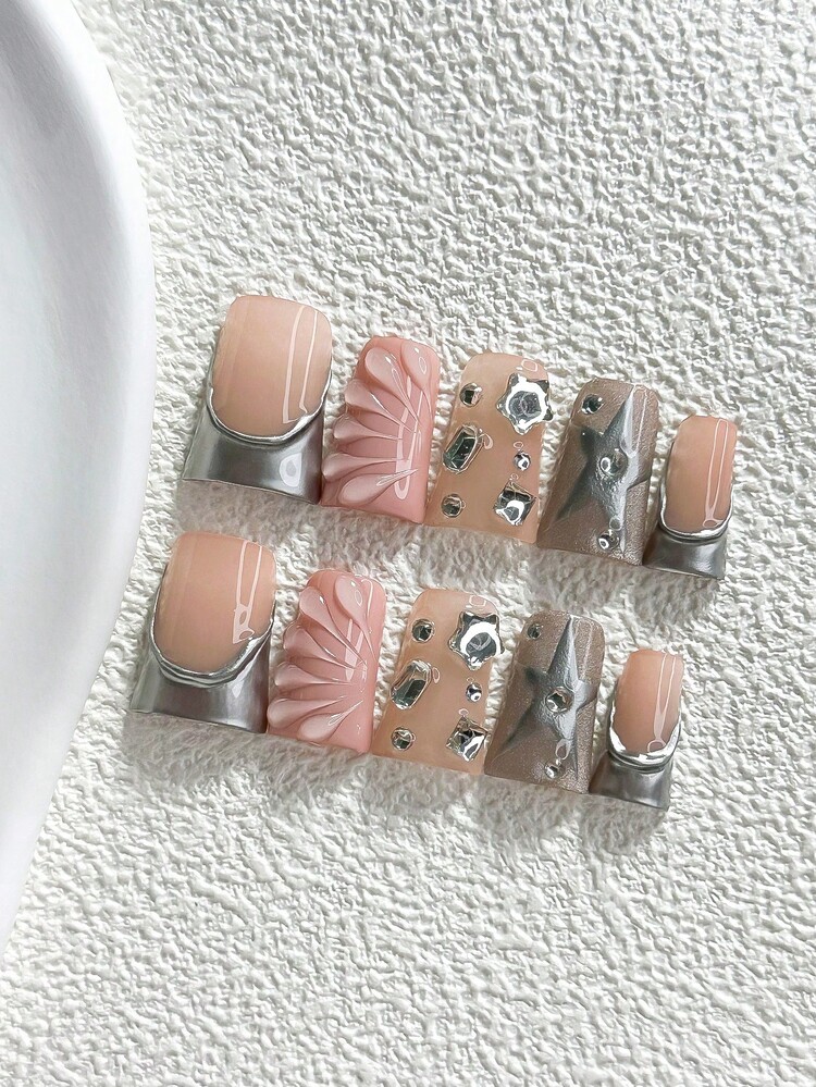 10pcs Soft Style Handmade Press-On Nails, Polygel Nail Art Set, Hand-Painted Stars And Rhinestone Embellishments, Silver Nail Polish, Fashion Style, Includes Nail Tools, 3 Sizes Available, Almond, Duck, Coffin Shape, Suitable For Party, Dancing, Daily Wear - Multicolor - View 16