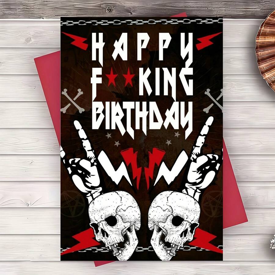 Heavy Metal Birthday Card, A Striking And Unique Birthday Card Designed Specifically For Rock Music Lovers, Perfect For Friends Or Colleagues Who Appreciate Unique And Humorous Birthday Greetings. Includes Envelope And Card - Red Envelope + Greeting Card - View 1