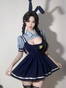 1 Set Rabbit Officer Dress, Sexy JK Pleated Skirt Suspender Dress, Bunny Girl Officer School Uniform Outfit - Blue - View 8