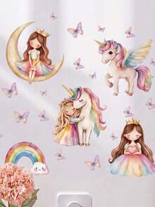 1pc Rainbow Moon Crown Girl Unicorn Butterfly Wall Decor Sticker, Removable Wall Decal For Bedroom, Living Room, Kids Room - 1PC - View 1
