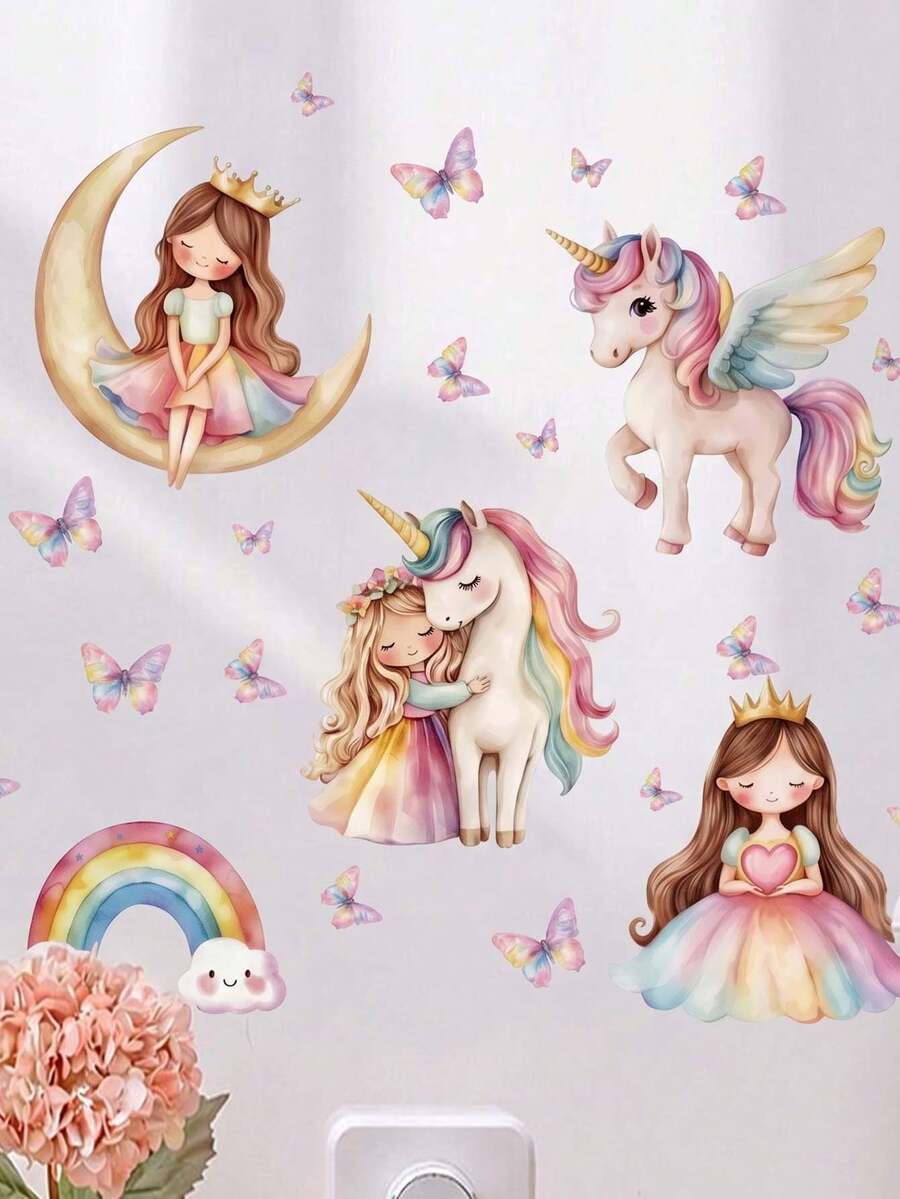 1pc Rainbow Moon Crown Girl Unicorn Butterfly Wall Decor Sticker, Removable Wall Decal For Bedroom, Living Room, Kids Room - 1PC - View 1