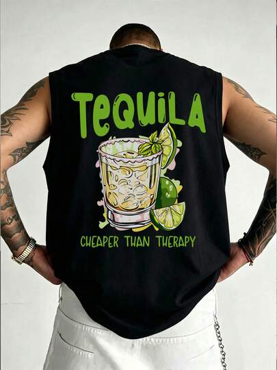 Große Größen Herren Sommer lässig Europäischer und Amerikanischer West Coast Bar Kultur Retro Punk Chic Lifestyle Highball Glas mit Salzrand, gefüllt mit Eiswürfeln, Limettenscheibe und Minzblatt Dekoration, Tequila Cocktail, ärmelloses Rundhals Tanktop, geeignet für Zuhause, Büro, Outdoor, Stadt, Regular, Straße, Jugend, Minimalistisch, Campus, Vintage, Vielseitig, Textur, Elegant, Personalisiert, Sport