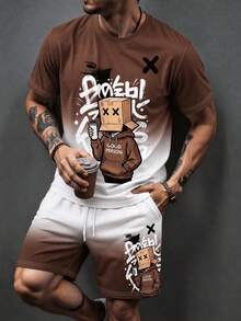 KOVSEE Men's Summer 2-Piece Set 3D Print Distressed Crew Neck T-Shirt + Drawstring Shorts Casual Street Style Daily Wear Sports Outfit - Khaki - View 1