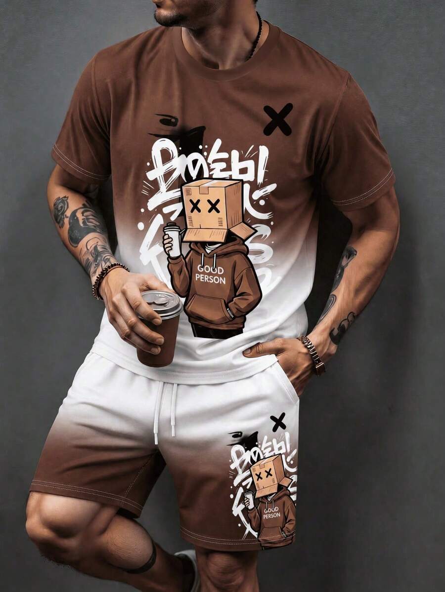 KOVSEE Men's Summer 2-Piece Set 3D Print Distressed Crew Neck T-Shirt + Drawstring Shorts Casual Street Style Daily Wear Sports Outfit - Khaki - View 1