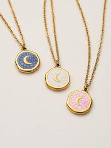 1pc 18K Gold Plated Stainless Steel Waterproof Non-Fading Oil Droplet Moon Pendant Necklace Chain Necklace For Women's Daily Wear Layering Beach Party - Necklace - View 2