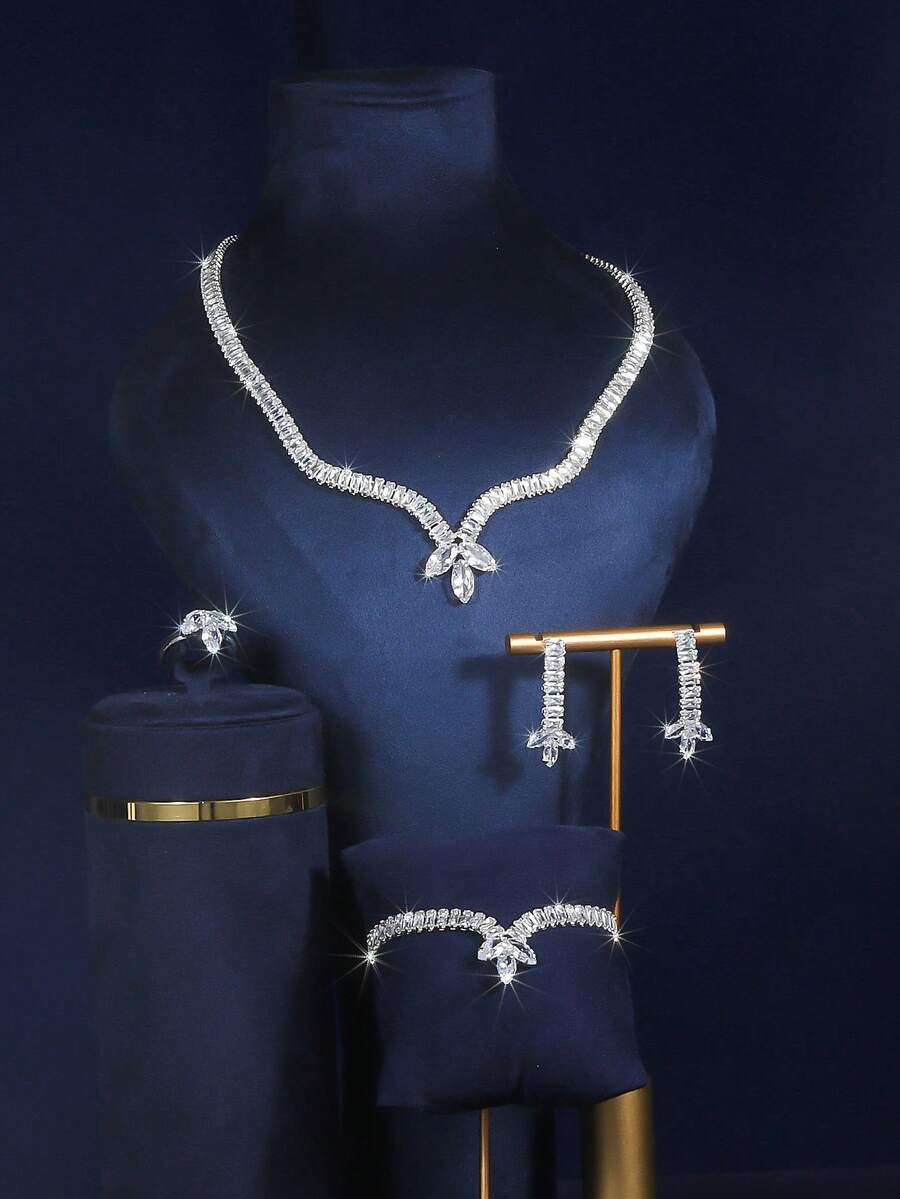 5pcs Bridal Rhinestone Jewelry Set, Silver Sparkly Necklace Earrings Bracelet & Ring For Bride Wedding Prom Party - Silver - View 1