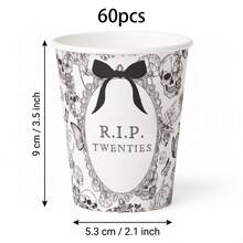 10/20/60pcs,Coquette White RIP Twenties 30th Birthday Paper Cups, Gothic Skull And Bow 9oz Disposable Paper Cups,Vintage Sketch Skull Floral Black Bow Drinking Cups For 30th Birthday, Gothic Thirty Birthday Table Supplies,Halloween Party Table Decor - Style Type B - View 7