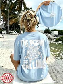 Double-Sided Print Women's Vintage Loose Tee, Turtle & Waves Graphic "The Ocean Is Calling" Text, Drop Shoulder Oversized 100% Cotton Best Seller - 藍色1 - 查看 10