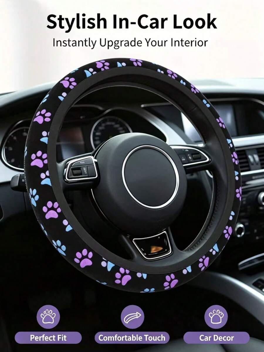 1pc Car Steering Wheel Cover, All-Season Cute Paw Print Design, 15 Inch Standard Size, No Inner Ring, Elastic Non-Slip Car Interior Decor Accessory - Paw Print Steering Wheel Cover - View 1