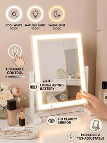 1pc LED Makeup Mirror With Lights, 200mAh USB Rechargeable Tabletop Vanity Mirror, 3 Lighting Modes, Dimmable Touch Control, Adjustable Desk Mirror, Portable Travel Cosmetic Mirror For Dorm Bedroom Office, Back To School Dorm Room Essentials - Multicolor - View 1