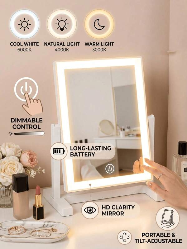 1pc LED Makeup Mirror With Light, 200mAh USB Rechargeable Desktop Vanity Mirror, 3 Lighting Modes, Portable Travel Makeup Mirror, Suitable For Dorm, Office, Desk, Bedroom, Makeup, Home Decor, Back To School, Gift For Women And Girls