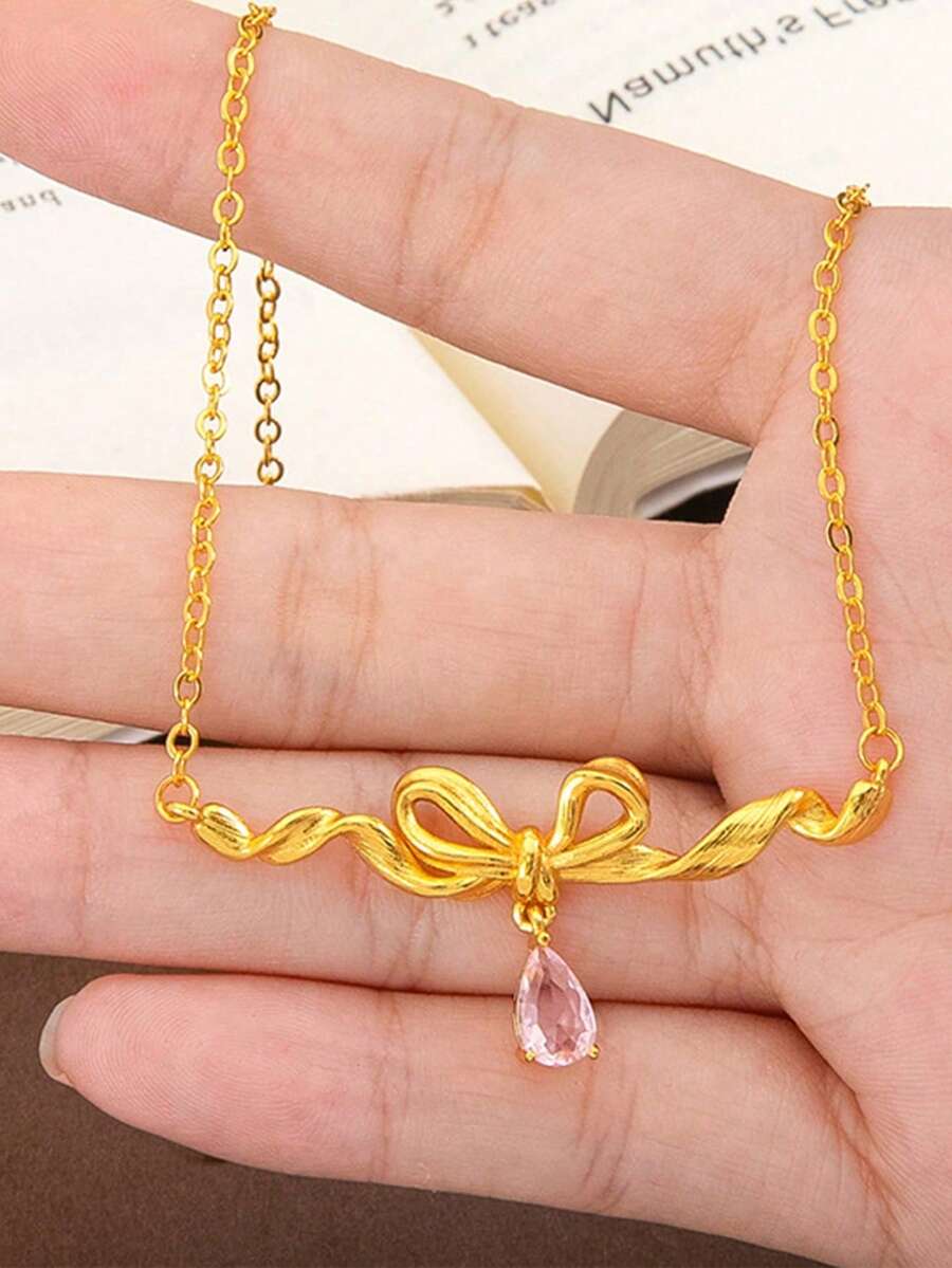 Shescity 1pc Pink Diamond Princess Silk Ribbon Bow Necklace, Luxury Fashion Girly Style, Rhinestone Inlaid Brushed Bow Pendant For Women - Gold - View 1