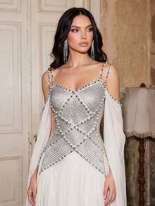 Modphy European And American New Sexy Cold Shoulder Heavy Rhinestone Studded Mesh Patchwork Dress, Elegant Women's Party Wedding Bridesmaid Gown - White - View 7