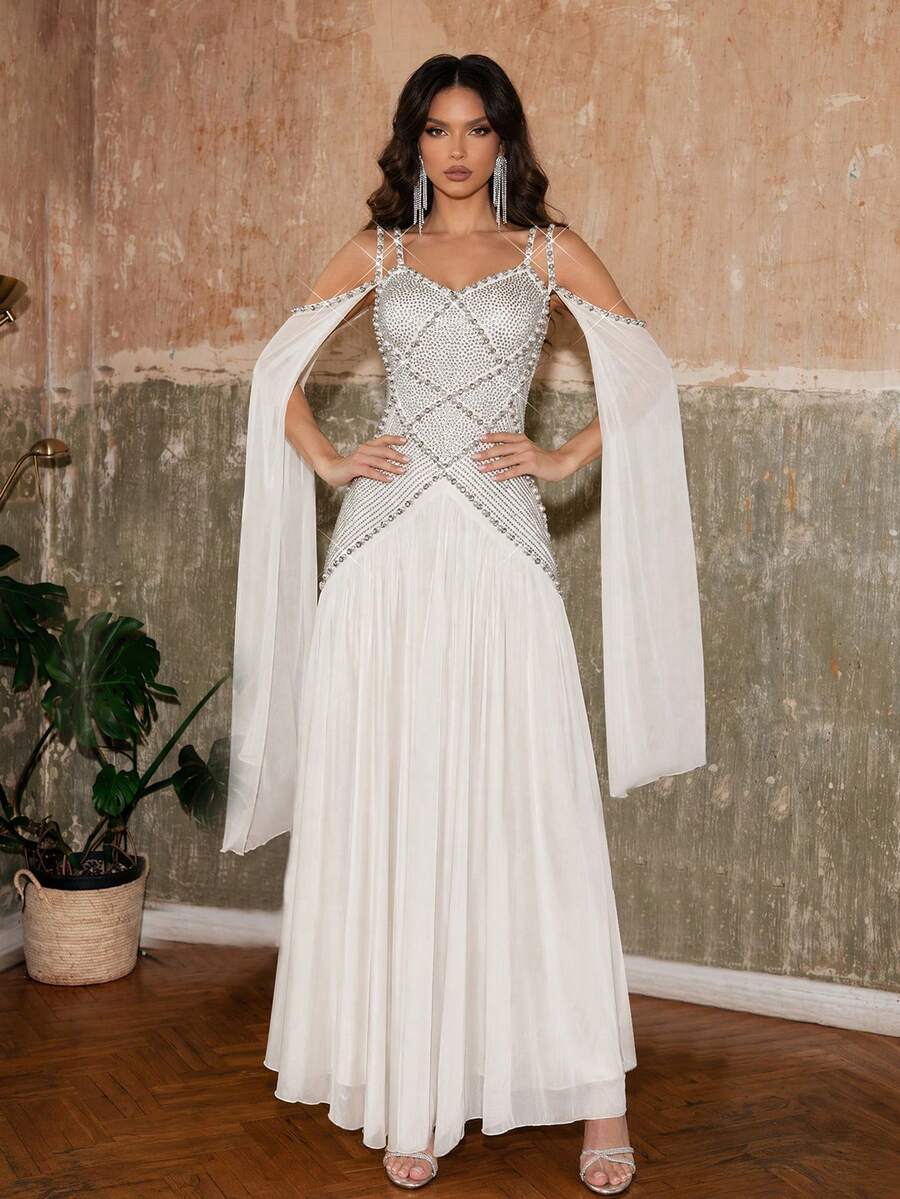 Modphy European And American New Sexy Cold Shoulder Heavy Rhinestone Studded Mesh Patchwork Dress, Elegant Women's Party Wedding Bridesmaid Gown - White - View 1