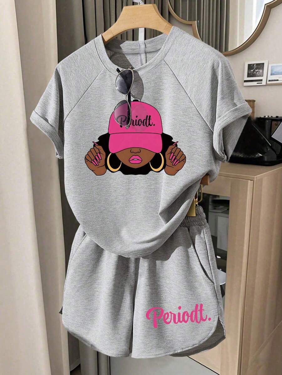 Youth Girl Cartoon Print Round Neck Short Sleeve T-Shirt And Shorts Set - Grey - View 1