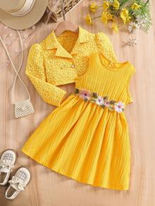 Autumn Girls Bright Yellow Collared Pearl Button Jacquard Short Jacket & Waist Embroidered Floral Vest Dress Set, Soft Fabric, Comfortable Fit, Casual Daily Wear, Birthday Party, Outdoor Photo, Spring Outing Outfit - Yellow - View 14