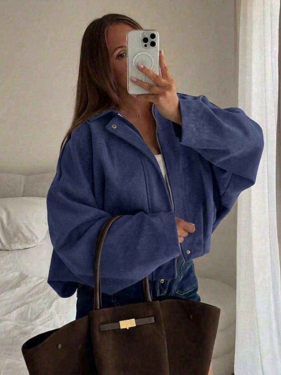 優雅海軍藍仿麂皮女款飛行夾克，秋季輕便基礎休閒款，適合返校與辦公室穿搭