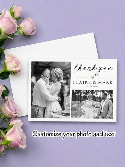 Personalized Wedding Thank You Card, Elegant Black & White PhotoCollage Design, Custom Names & Date Detail, Romantic Greeting Card For Wedding Party,