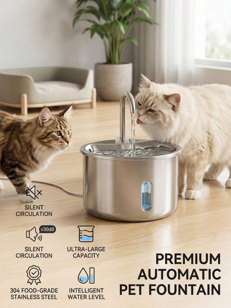 PETSIN 1pc Stainless Steel Pet Water Dispenser, USB Powered Automatic Cat Dog Water Feeder With Anti-Splash Tray, Quiet Operation, Increase Water Intake - No Battery Required, Indoor Pet Accessories | Stylish Pet Water Dispenser