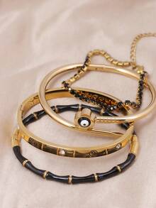 4pcs/1pc Stackable Gold Tone Bracelet Set, Evil Eye Open Bangle, Tennis Chain, Spiral Pattern Stainless Steel Bangle Bamboo Bead Br - Yellow Gold - View 2