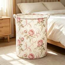 1pc Pink Rose Print Large Foldable Storage Basket, 40CM/50cm Fabric Laundry Hamper, Sundries Storage Bin, Suitable For Bedroom, Living Room, Bathroom, Laundry Room Multi-Scenario Storage - View 1