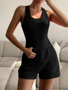 Vaiaye Women's 2-Piece Black Fitness Set, Sleeveless Tank Top And Drawstring Shorts, Sports Casual Beach Vacation Outfit Elegant Summer - Black - View 9