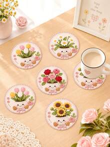 1/4/8pcs Cute Crochet Flower Wooden Coaster Set, Tulip Daisy Rose Sunflower Cartoon Potted Plant Round Drink Cup Mats, Heat Resistant Table Pad, Cottagecore Floral Home Table Decor Sweet Housewarming Gift,Table Decor - Multicolor - View 5
