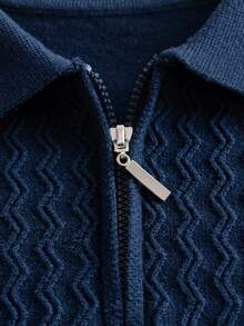 Áo len chui đầu nam phong cách preppy cổ polo kéo khóa nửa, tay dài, dệt kim họa tiết sóng 3D phối màu kẻ sọc, áo mặc thường ngày và đi học đa năng, xuân/thu/đông - Màu xanh hải quân - Xem 4