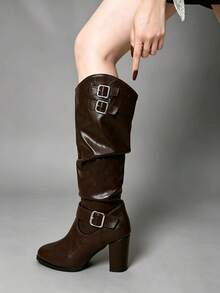 Women's Brown Round Toe Chunky High Heel Fashion Tall Boots, Solid Color Western Style With Buckle, Suitable For Vacation, Office, Autumn/Winter - Rust Brown - View 3