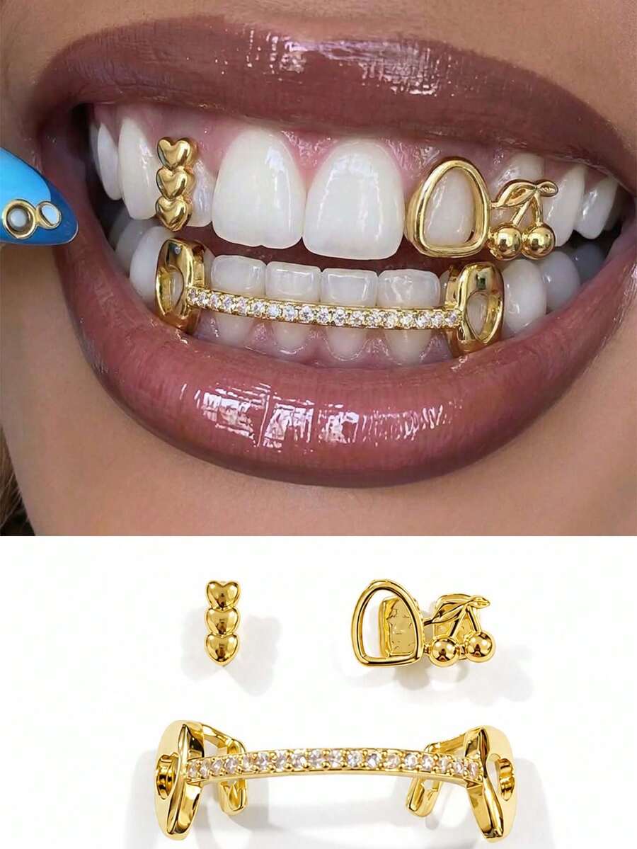 1pc Vertical Stripe Heart & Cherry Combination Horizontal Zirconia Personalized Cute Tooth Decor Set, Funny Photography Prop - Multicolor - View 1