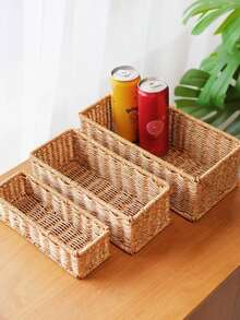 Handwoven Wicker Desktop Storage Box, Bohemian Style Decorative Wicker Storage Basket, Suitable For Bathroom Countertop, Bedroom, Kitchen And Office, Woven Tray, Can Store Cosmetics And Miscellaneous Items - Multicolor - View 8