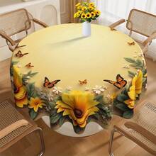 1pc Round Tablecloth With Sunflower And Butterfly Pattern, Perfect For Home Kitchen And Dining Area. This Table Cover Is Also Suitable For Office And Coffee Table. - Round - View 4