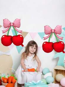 1/2/4pcs Red Cherry Pink Bow Foil Balloons, Self-Sealing, Perfect For Cherry Theme Birthday And Summer Wedding Party - Bowknot Cherry Balloon - View 8