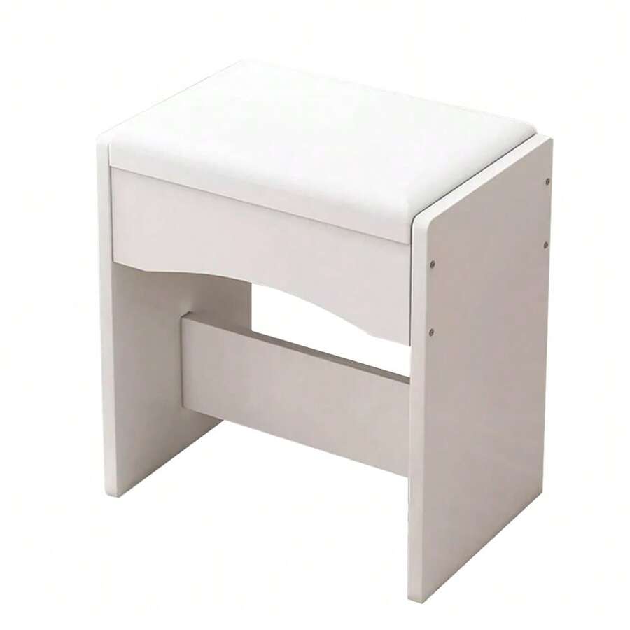 White Dressing Table Stool, Makeup Chair, Upholstered Piano Stool With Oak Legs, Minimalist Style - White - View 1