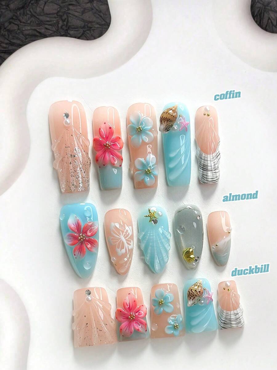 10片夏季度假風手工穿戴甲,Polygel美甲套組,貝殼設計,藍色指甲油,夢幻少女風,附美甲工具,3種尺寸可選,杏仁甲、鴨嘴甲、棺材甲,適合派對、舞蹈、日常配戴,貝殼隨機發貨 - 彩色 - 查看 1