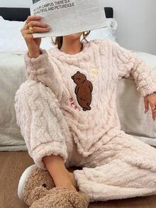 Dreamivo 2pcs/Set Women's Winter Bear Pattern Embroidered Thick Long Sleeve Long Pants Fleece Pajama Set - Apricot - View 6