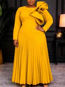 Gaun Maxi Lipit Kuning Ukuran Plus Elegan untuk Wanita, Leher Bulat, Ruffle Tidak Beraturan, Lengan Panjang, Cocok untuk Acara Formal Gereja, Pesta, dan Musim Gugur. - Kuning - View 4